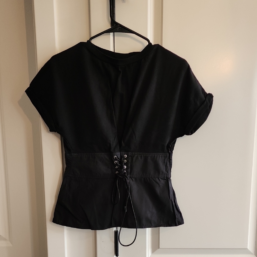 3.1 Phillip Lim Black Short Sleeve Lace-Up Waist Top Small